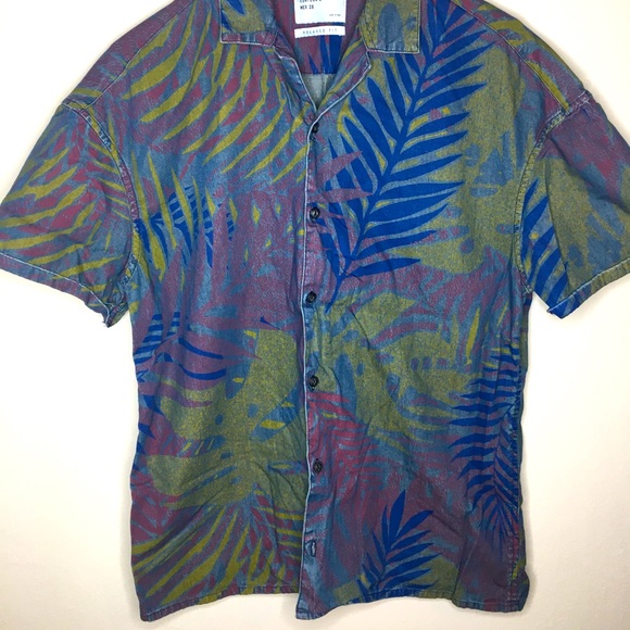 Zara Man Relaxed Fit Short Sleeve Tropical Botanical Floral Denim Button Up - Picture 3 of 3
